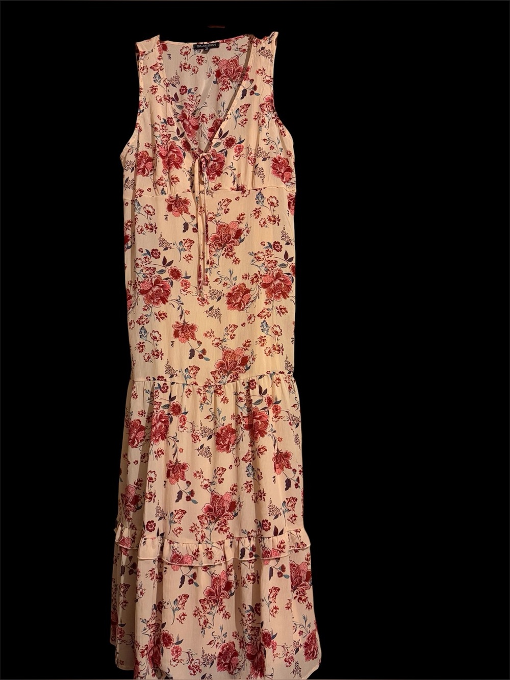 Sleeveless Cream Dress with Red Floral Print and Tie Neck